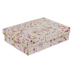 Darčeková krabica s vekom 400x300x100 mm, VZOR - KOCKY koralová/žltá