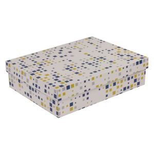 Darčeková krabica s vekom 400x300x100 mm, VZOR - KOCKY modrá/žltá
