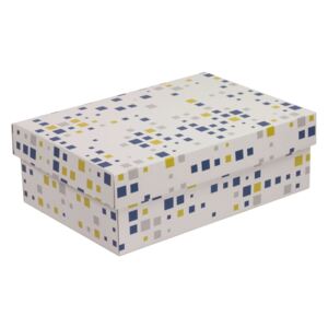 Darčeková krabica s vekom 300x200x100 mm, VZOR - KOCKY modrá/žltá