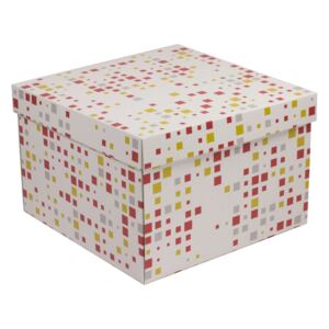 Darčeková krabica s vekom 300x300x200 mm, VZOR - KOCKY koralová/žltá