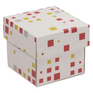 Darčeková krabička s vekom 100x100x50/40 mm, VZOR - KOCKY koralová/žltá