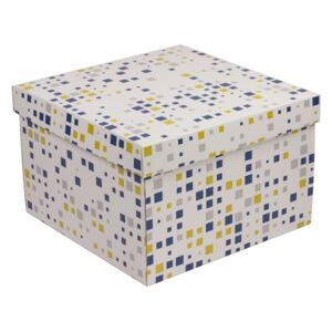 Darčeková krabica s vekom 300x300x200 mm, VZOR - KOCKY modrá/žltá