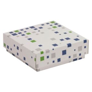 Darčeková krabička s vekom 150x150x50/40 mm, VZOR - KOCKY zelená/modrá