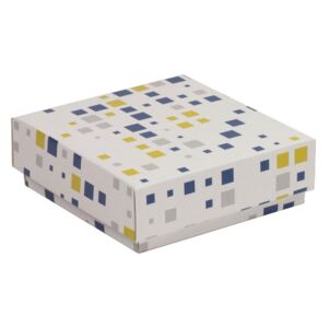 Darčeková krabička s vekom 150x150x50/40 mm, VZOR - KOCKY modrá/žltá