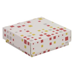 Darčeková krabička s vekom 150x150x50/40 mm, VZOR - KOCKY koralová/žltá