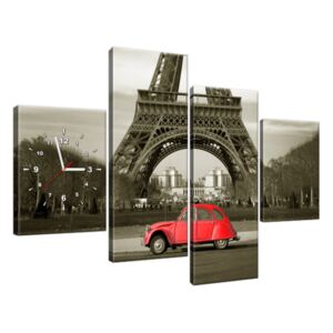 Obraz s hodinami Červené auto pred Eiffelovou vežou v Paríži 120x80cm ZP3533A_4E