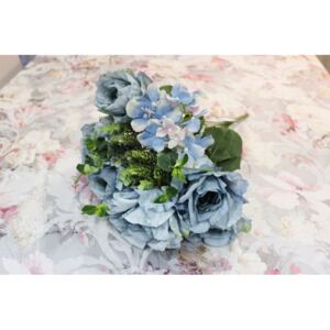 Modrá umelá kytica ruží s hortenziou a chmeľom55cm