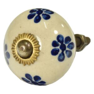Sanu Babu Maľovaná porcelánová úchytka na šuplík, biela, modré maľované kvety, 3,7cm