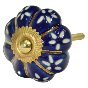 Sanu Babu Maľovaná porcelánová úchytka na šuplík, modrá, zlaté lúče a biela kvety, 4,5cm
