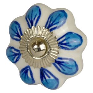 Sanu Babu Maľovaná porcelánová úchytka na šuplík, biela, modré okvetné listy, priemer 4,5 cm