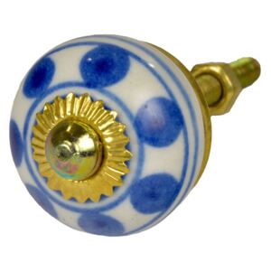 Sanu Babu Maľovaná porcelánová úchytka na šuplík, biela s modrými bodkami a prúžkami, 3cm