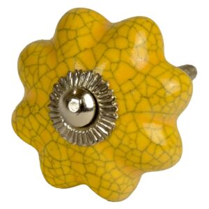 Sanu Babu Maľovaná porcelánová úchytka na šuplík, žltá, tvar kvetu, popraskaný efekt, 4cm