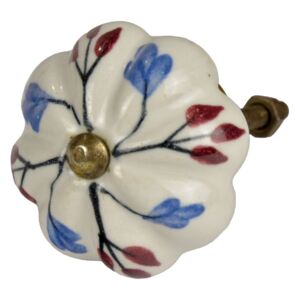 Sanu Babu Maľovaná porcelánová úchytka na šuplík, tvar kvety, biela, modré a vínové listy