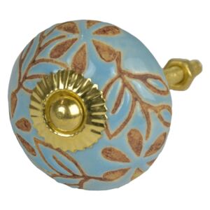 Sanu Babu Maľovaná porcelánová úchytka na šuplík, svetlo modrá, hnedé lístky a kvety, 4cm