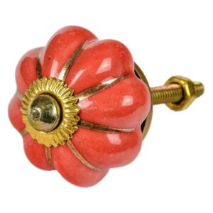Sanu Babu Maľovaná porcelánová úchytka na šuplík, červená, tvar kvetu, zlaté lúče 3,8cm