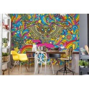 Fototapeta GLIX - Colorful Owls Stars Rainbow Flowers + lepidlo ZADARMO Papírová tapeta - 368x254 cm