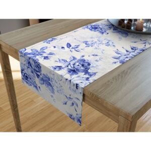 Goldea dekoračný behúň na stôl loneta - vzor veľké modré ruže 20x140 cm