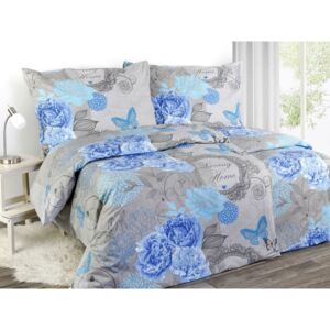 Goldea bavlnené posteľné obliečky - vzor 644 modré kvety a motýle 140 x 220 a 70 x 90 cm