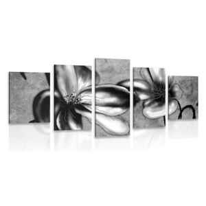 5-dielny obraz zaujímavé vintage kvety v čiernobielom prevedení