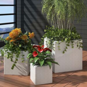 Štvorcové záhradné ratanové kvetináče, súprava 3 ks, biele