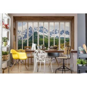 Fototapeta - 3D Window View Mountains Alps Vliesová tapeta - 416x254 cm
