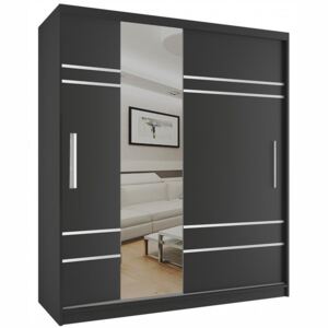 Trendy čierna skriňa s posuvnými dverami so zrkadlom šírka 158 cm s bielymi pruhmi Plastové
