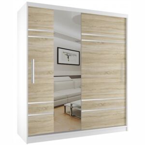Skriňa s praktickými posuvnými dverami dub sonoma s pruhmi, zrkadlom šírka 158 cm biely korpus Plastové