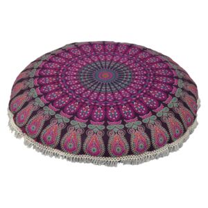 Sanu Babu Meditačný vankúš, okrúhly, 80x13cm, fialový, pávie mandala, biele strapce (6L)