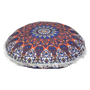 Sanu Babu Meditačný vankúš, okrúhly, 80x13cm, modro-oranžový, mandala, strapce