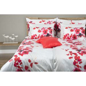 Glamonde luxusné obliečky bavlnený satén Hibiskus s výrazným červeným kvetom Ibišteka na striebornom podklade
