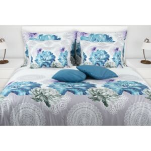 Glamonde luxusné obliečky bavlnený satén Abelie s rozmernými modrými kvetmi na šedobielom podklade