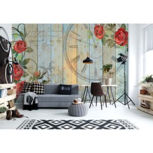 Fototapeta GLIX - Clock And Roses Vintage Painted Wood And Floral + lepidlo ZADARMO Vliesová tapeta - 208x146 cm