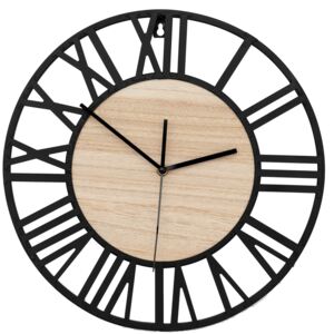 Moderné kovové nástenné hodiny s dreveným stredom Čierna