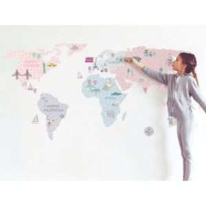 Nálepka na zeď - mapa světa barva: růžová, Velikost: L (velká)