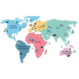 Nálepka na zeď - mapa světa barva: barevná, Velikost: M (střední)