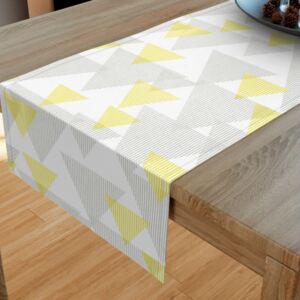Goldea dekoračný behúň na stôl loneta - vzor sivé a žlté prúžkované trojuholníky 20x120 cm