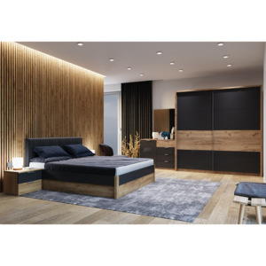 Spálňa ROMANO - posteľ 160x200+rošt+matrac DE LUX+2x noč. stolík+posuvná skriňa 200+komoda 1 D, 4 šuplíky+zrk. 100, dub Kraft/sivá
