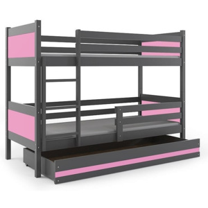 Poschodová posteľ BALI+UP + matrace + rošt ZADARMO, 190x80 cm, grafit, ružová