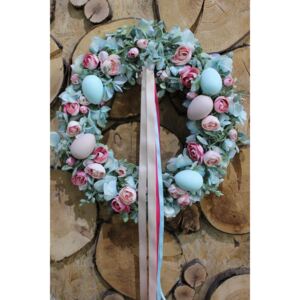 Ružovo modrý veniec na dvere s vajíčkami 43cm