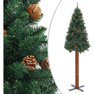 Úzky vianočný stromček s pravým drevom a šiškami zelený 180 cm PVC