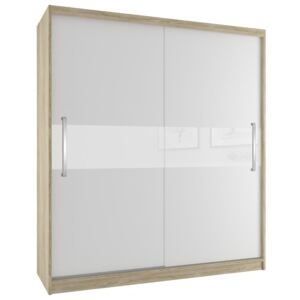 Skriňa s bielymi posuvnými dverami s bielym pruhom šírka 200 cm dub sonoma korpus Plastové