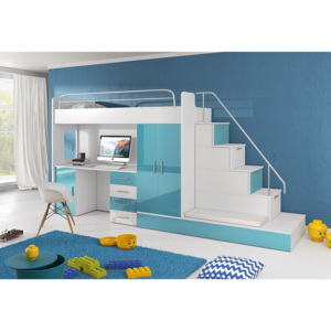 Detská poschodová posteľ DARCY V, 80x200 cm, univerzálna orientácia, biela/tyrkysový lesk