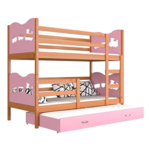GL Detská poschodová posteľ Fox 3 s prístelkou 190x80 ružová Farba: Jelša, Motív: Vláčik