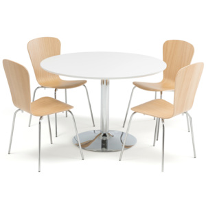 Jedálenská zostava: stôl Ø1100 mm, biely + 4 stoličky, dub