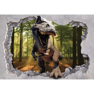 Fototapeta, Tapeta Dinosaur 3D Jumping Out Of Hole In Wall, (254 x 184 cm)