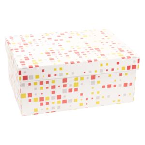 Darčeková krabica s vekom 350x250x200 mm, VZOR - KOCKY koralová/žltá