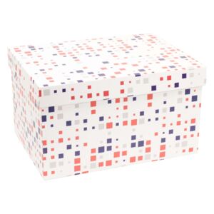 Darčeková krabica s vekom 350x250x150 mm, VZOR - KOCKY fialová/koralová