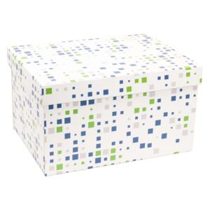 Darčeková krabica s vekom 350x250x150 mm, VZOR - KOCKY zelená/modrá