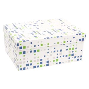 Darčeková krabica s vekom 350x250x200 mm, VZOR - KOCKY zelená/modrá