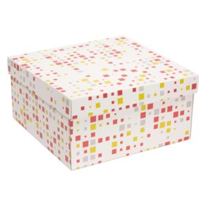 Darčeková krabica s vekom 300x300x150 mm, VZOR - KOCKY koralová/žltá